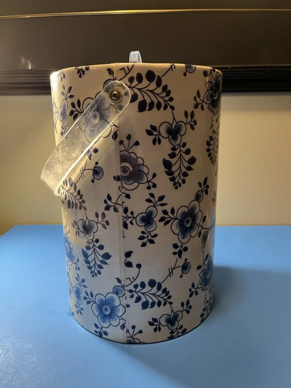 Vintage Tall White & Blue Floral Ice Bucket , Delft Blue